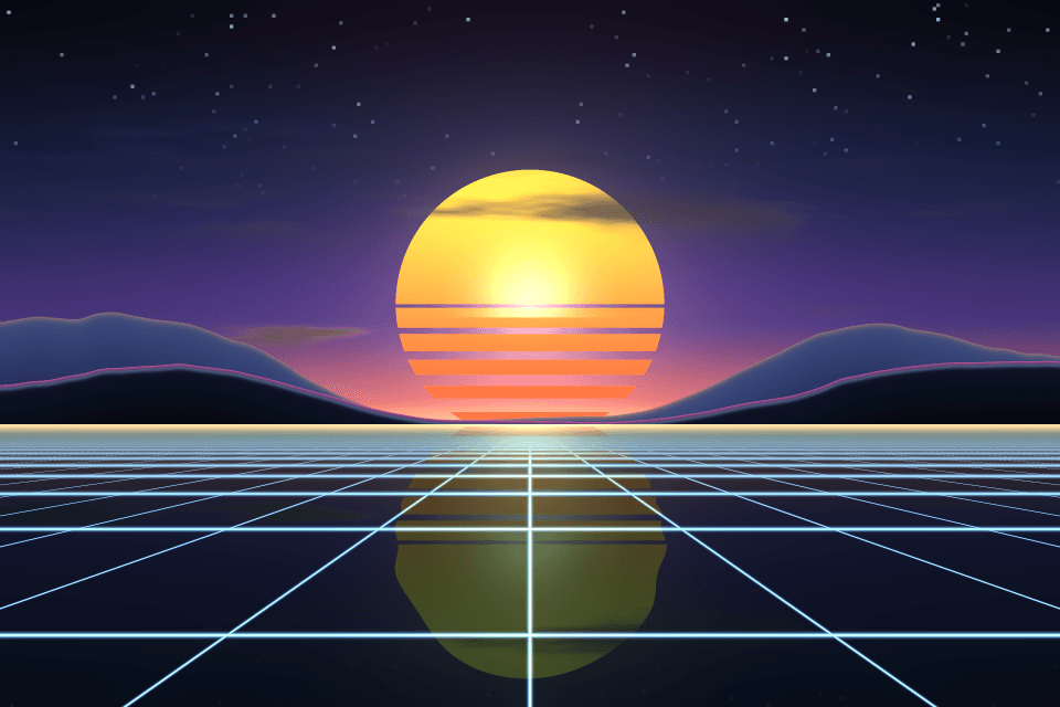 The sample image before dithering: a synthwave sunset, a striped sun over mountains and a neon grid