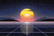 The animated sample, a neon grid rolling toward a striped sun, dithered with Bayer 4×4 and the PICO-8 palette