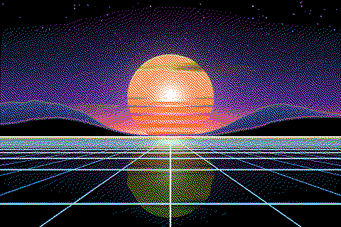 The sample sunset dithered to the Apple II hi-res palette with Atkinson