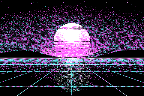 The sample sunset dithered to the CGA cyan/magenta palette with Atkinson