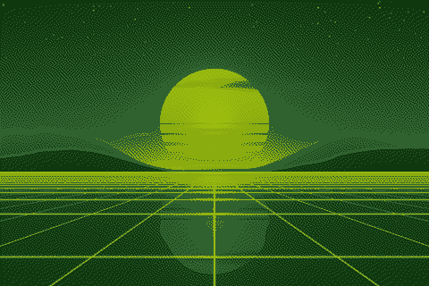 The sample sunset dithered to the Game Boy palette with Atkinson