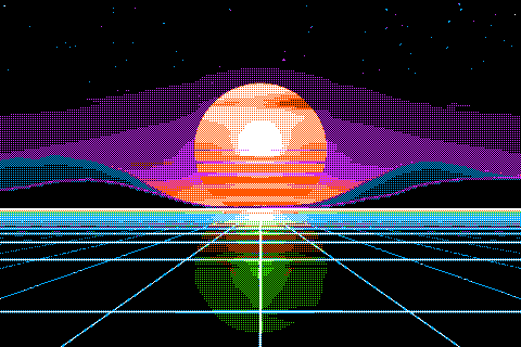 The sample sunset dithered to the Apple II hi-res palette with Bayer 2×2