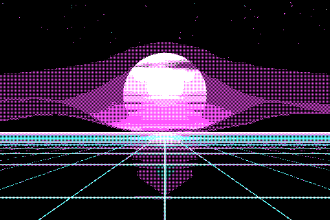 The sample sunset dithered to the CGA cyan/magenta palette with Bayer 2×2