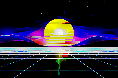 The sample sunset dithered to the ZX Spectrum palette with Bayer 2×2