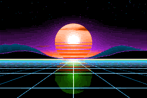 The sample sunset dithered to the Apple II hi-res palette with Bayer 4×4