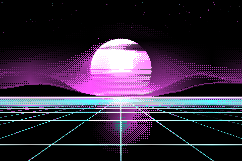 The sample sunset dithered to the CGA cyan/magenta palette with Bayer 4×4