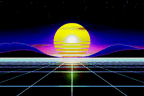 The sample sunset dithered to the ZX Spectrum palette with Bayer 4×4