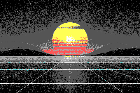 The sample sunset dithered to the EGA palette with Blue Noise