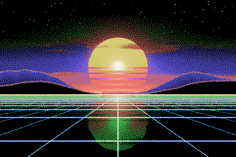 The sample sunset dithered to the MSX palette with Blue Noise