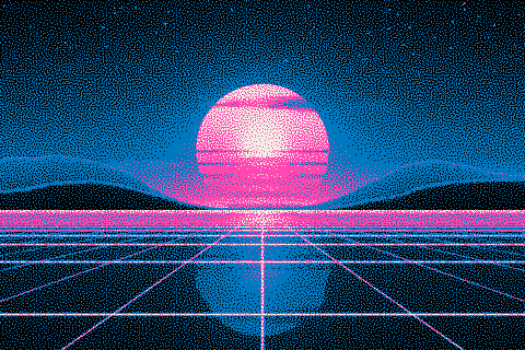 The sample sunset dithered to the Riso pink & blue palette with Blue Noise