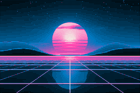 The sample sunset dithered to the Riso pink & blue palette with Clustered Dot (Halftone Ordered)