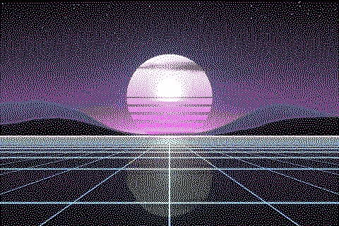 The sample sunset dithered to the CGA cyan/magenta palette with Floyd–Steinberg