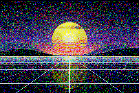 The sample sunset dithered to the ZX Spectrum palette with Floyd–Steinberg