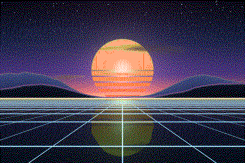 The same sunset dithered to the Apple II hi-res palette with Floyd–Steinberg