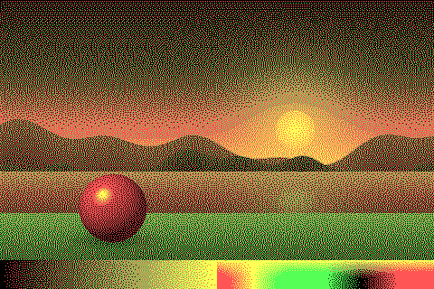 The sample image dithered with the CGA green/red palette