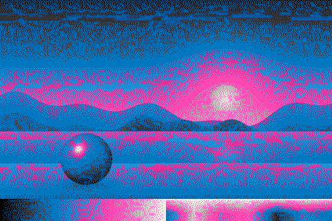 The sample image dithered with the Riso pink & blue palette