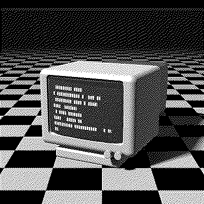 A CRT terminal on a checkered table, dithered with Atkinson