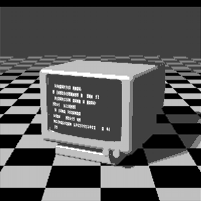 A CRT terminal on a checkered table, dithered with Bayer 2×2