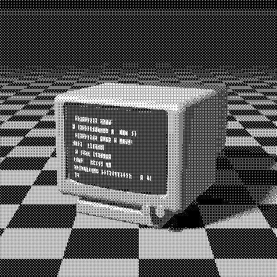 A CRT terminal on a checkered table, dithered with Bayer 4×4
