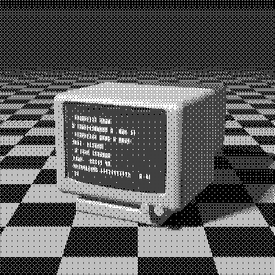 A CRT terminal on a checkered table, dithered with Bayer 8×8