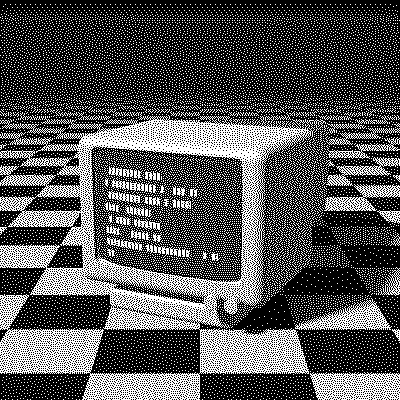 A CRT terminal on a checkered table, dithered with Floyd–Steinberg
