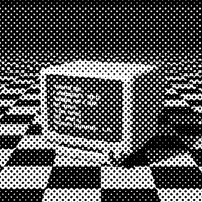 A CRT terminal on a checkered table, dithered with Halftone
