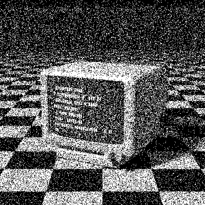 A CRT terminal on a checkered table, dithered with Random Dither